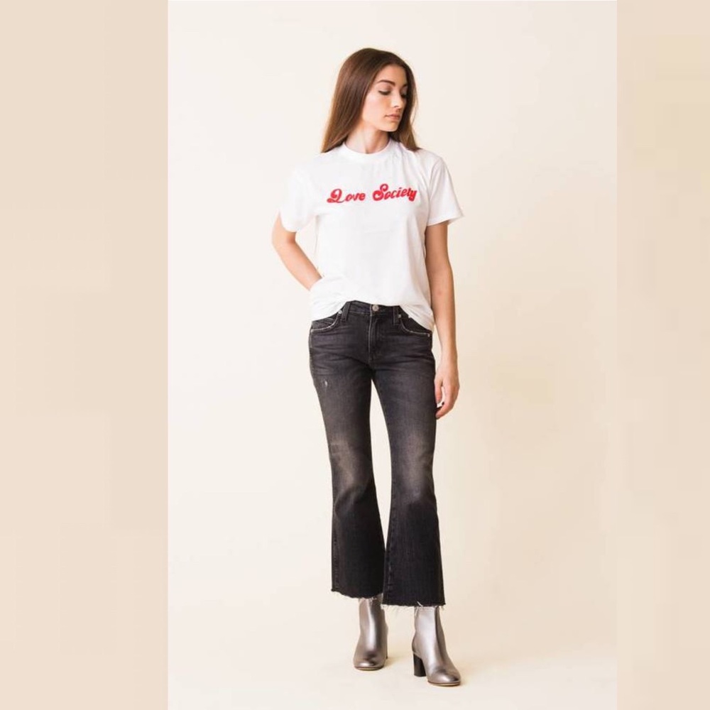 AMO Kick Crop Flare Jeans Rascal Black 24 Raw Hem